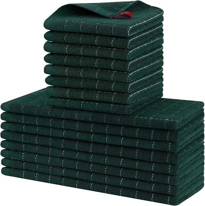Homaxy Kitchen Towels and Dishcloths Set, 12 x 12 and 13 x 28 Inches, Set of 16 Bulk Cotton Terry Kitchen Towels Set, Checkered Designed, Soft and Super Absorbent Dish Towels, Blackish Green