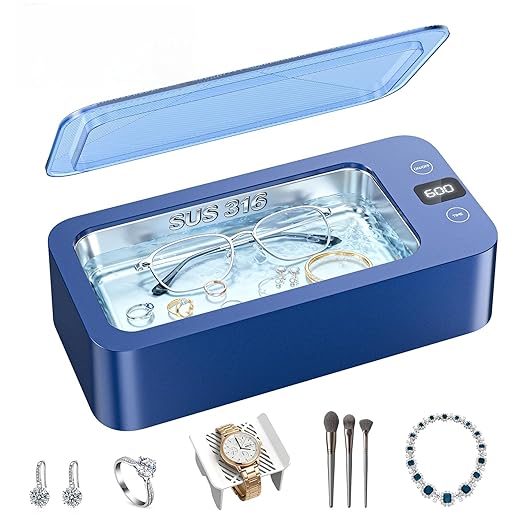 Ultrasonic Jewelry Cleaner, 500ml Large Capacity Multi-Purpose Sonic Cleaner for Jewelry, Eyeglasses, Watch Straps, Dentures and More, 5 Modes & 3 High Frequency Gears, 316 Stainless Steel Tank, Blue