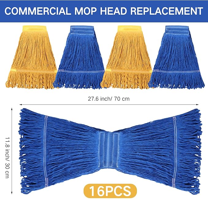 Roshtia 16 Pack Mop Head Replacement Large Heavy Duty Mop Head Commercial Replacement Looped End Cotton String Industrial Washable Mophead Refills for Commercial Industrial Home Cleaning(Blue, Yellow)
