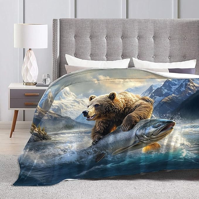 Tijuboni Bear Fish Throw Blanket Cabin Bear Gifts for Women Men Girls Boys Kids Adults Soft Flannel Fleece Blanket for Couch Sofa Bed Home Decor 50"x60"