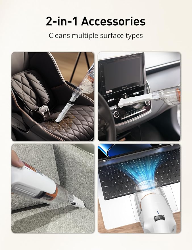 Handheld Vacuum Cordless, 24KPA Powerful Car Vacuum, Rechargeable, Charging Dock, Ergonomic Handle, 2-in-1 Crevice Tool, 1.8lb Portable Vacuum Cleaner with 2-Speed for Car, Home
