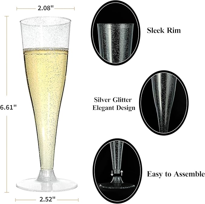 Bestluck 100 Pack Champagne Flutes Plastic, 4.5 oz Silver Glitter Plastic Disposable Stemware, Disposable Champagne Flutes for Party, Mimosa Bar, Wedding, Anniversary and Graduation