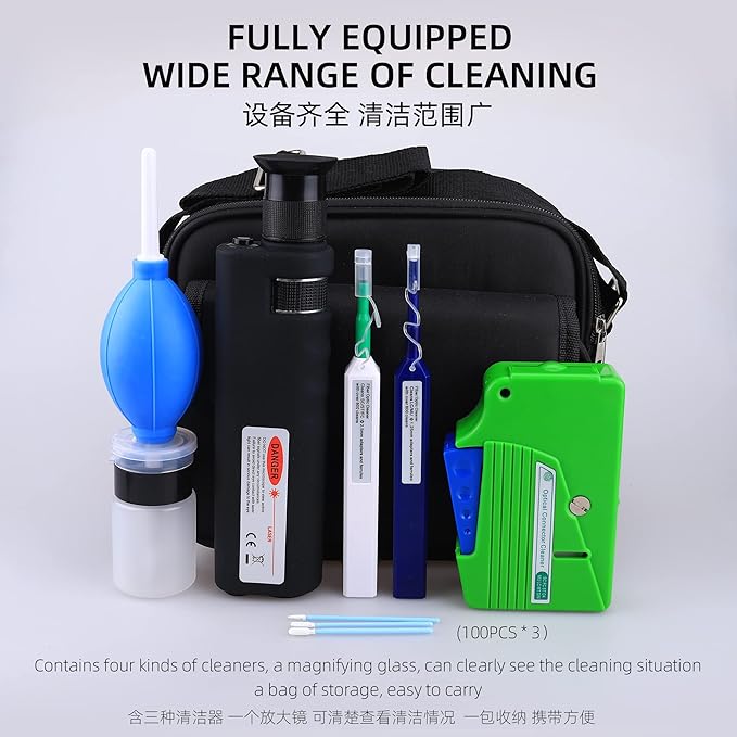FTTH Fiber Optics Cleaning Kit with Fiber Cleaning Cassette for FC SC ST LC MU Connectors 1.25mm/2.5mm Fiber Cleaner Pen Microscope 400 Times Fibra Connector