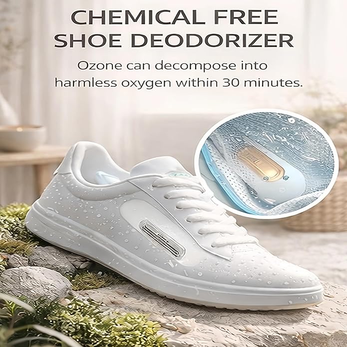Chemical-Free Ozone Shoe Deodorizer, Rechargeable Long-Lasting Shoe Freshener, Portable Shoe Odor Eliminator, No Residue Shoe Smell Remover for Sneakers, Boots and All Daily Footwear 2-Pack