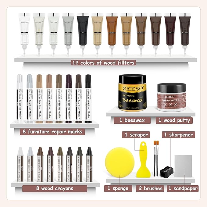 SEISSO Wood Furniture Repair Kit, 12 Colors Wood Fillers, 8 Colors Touch Up Markers&Wax Sticks, Wood Putty with Beeswax, Wood Repairing Kit of Stains, Scratches, Holes, Cracks(36 PCs)