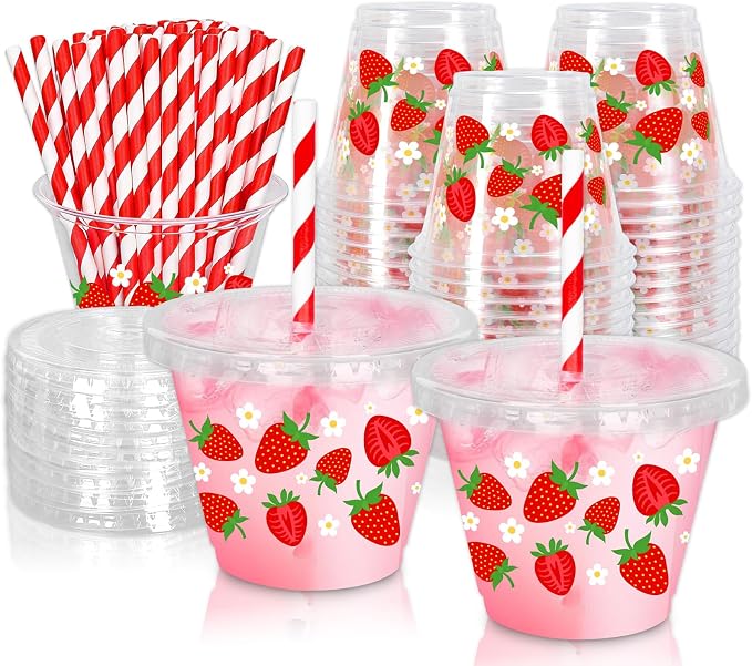 Whaline 100Pcs 9Oz Strawberry Disposable Plastic Cups with Lids and Straws Cute Sweet Berry Flower Cold Beverage Drinking Cups for Sweet One First Birthday Baby Shower Party Supplies