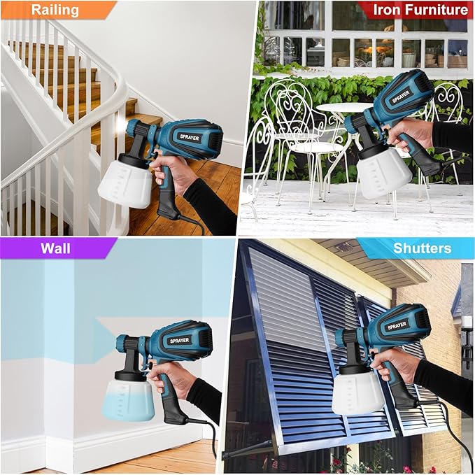 VONFORN Paint Sprayer, 700W HVLP Spray Gun with Cleaning & Blowing Joints, 4 Nozzles and 3 Patterns, Easy to Clean, for Furniture, Cabinets, Fence, Walls, Door, Garden Chairs etc. VF803 Blue