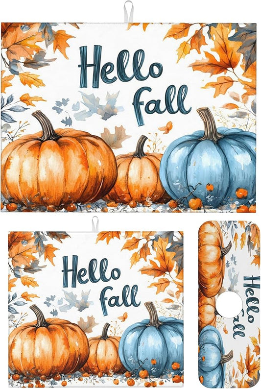 3Pcs Pumpkin Dish Drying Mat & Kitchen Sink Splash Guard Faucet Mat For Kitchen Counter,Hello Fall Absorbent Microfiber Dishes Pad Dish Drainer Rack Mats Fast Dry Kitchen Accessories