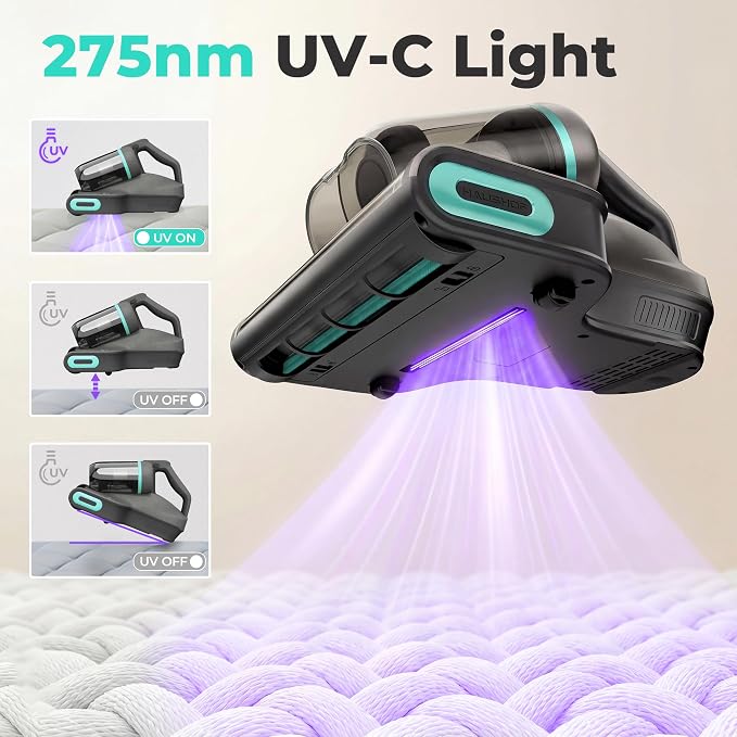 HAUSHOF Cordless Mattress Vacuum Cleaner, Bed Vacuum Cleaner with 275nm UVC Light, 17kPa, 140°F Heat, H12 HEPA Filter, 16.9oz Dual Cup, Vacuum for Couch, Bed, Furniture, Mattress Cleaning