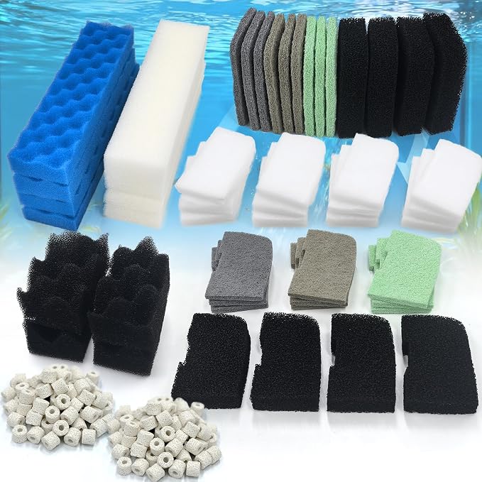 NewKe 52 Pack Filter Media Kit for Fluval 406/407 Canister Filters, Replacement Bio Foam, Nitrite/Phosphate/Ammonia Remover, Carbon, Ceramic Rings