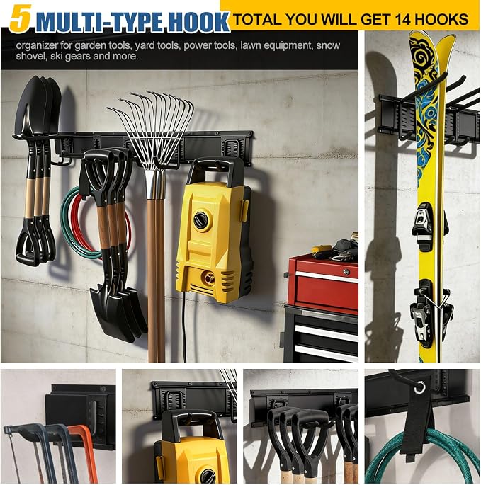 66'' Garage Tool Organizer Wall Mount 18Pack 750lbs Heavy Duty | Include 14 Adjust Hooks Garden Tool Organizer, Garage Wall Organizer for Garden Yard Tool Shovel Rake Broom Ladder Weed Eater