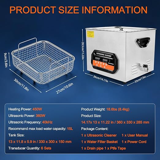 Ultrasonic Cleaner 15L 360W 40kHz Digital Cleaning Machine with Degassing, Heater & Timer for Tools Jewelry Watches Glasses Dentures Small Parts
