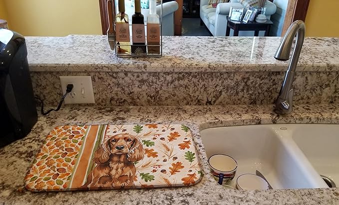 Caroline's Treasures Red English Cocker Spaniel Heirloom Fall Dish Drying Mat Absorbent Dish Drying Mat Pad for Kitchen Counter Dish Drainer Mat for Countertop, 14 x 21", Multicolor