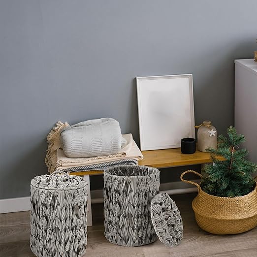 Ctosree 1.3 Gallons Small Trash Can with Lid Handle Boho Woven Braided Bathroom Waste Basket Trash Can with 100 Garbage Bags for Bedroom Office Laundry(Grey, Braided Polypropylene)