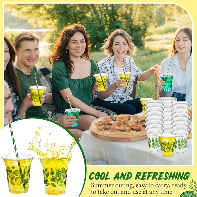 Umigy 100 Pack Plastic Disposable Cups with Lids and Straws 12 oz Disposable Cups for Juice Water Coffee Summer Party Sports Party Supplies(Palm Leaf)