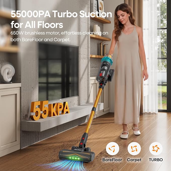ElecKeys Cordless Vacuum Cleaners for Home, 650W 55KPa Powerful Suction, 70 Mins Runtime, Self-Standing Stick Vacuum with Touch Screen, Anti-Tangle for Pet Hair, Carpet, Hardwood Floors, Car