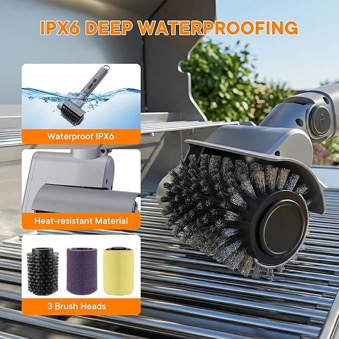 Electric Grill Brush for Outdoor, Rechargeable BBQ Grill Cleaner with 3 Heads,Cordless Rechargeable Grill Brush,3-Speed-450 RPM,150 Mins Runtime Grill Cleaning Brush