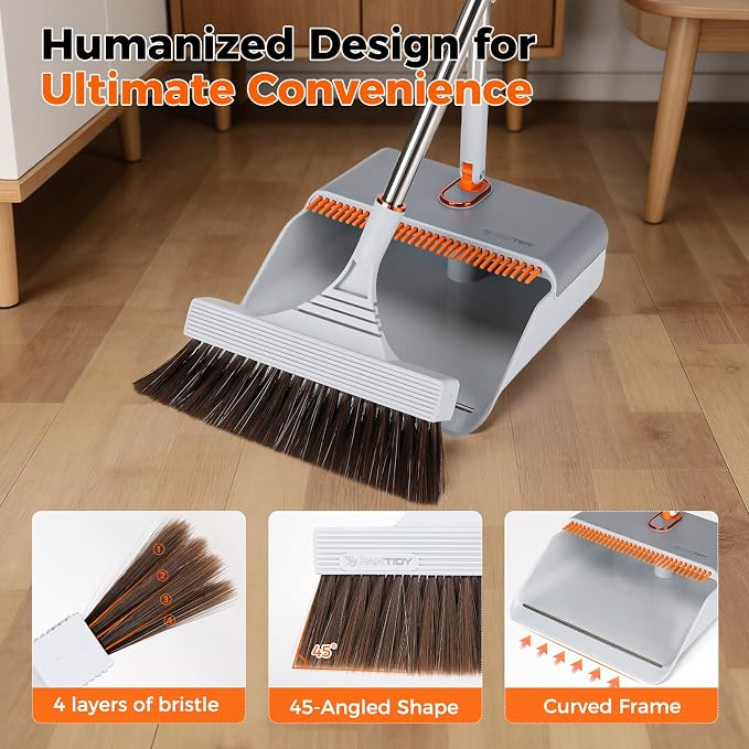 Broom and Dustpan Set with Adjustable Handle, Upright Design, Built-in Comb Teeth, Mint Green, for Home Office Hardwood Floors Pet Hair (Silver/Gray)