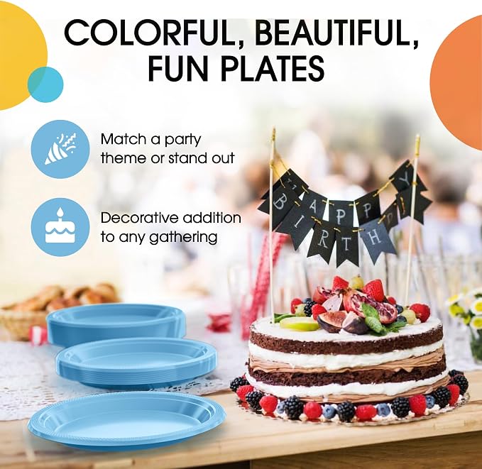 Exquisite Party Solids Light Blue Plates Disposable Light Blue Plastic Plates 100 Pieces - 50-7" & 50-9" Heavy Duty 350 GSM Disposable Dinnerware Sets, Plastic Dinnerware Sets