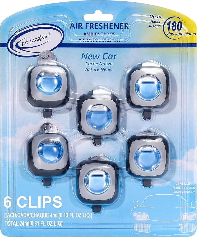 Air Jungles 3-in-1 Fresh Linen Odor Eliminator Balls 6 Count, New Car Scent Car Air Freshener Clip, 6 Vent Clips, and 3in1 Leather Cleaner Wipes 70 Count