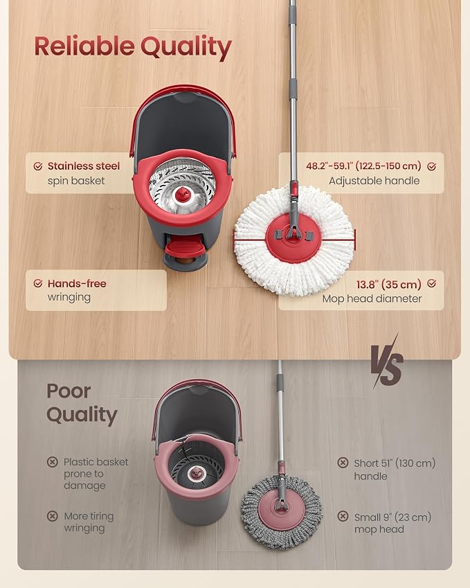 SONGMICS Spin Mop and Bucket Set with Pedal Wringer, Floor Cleaning Mop, Adjustable Telescopic Handle, Max. 59.1-Inch Length, 360° Rotating Head, 2 Microfiber Pads, Gray and Red ULMB002GT02