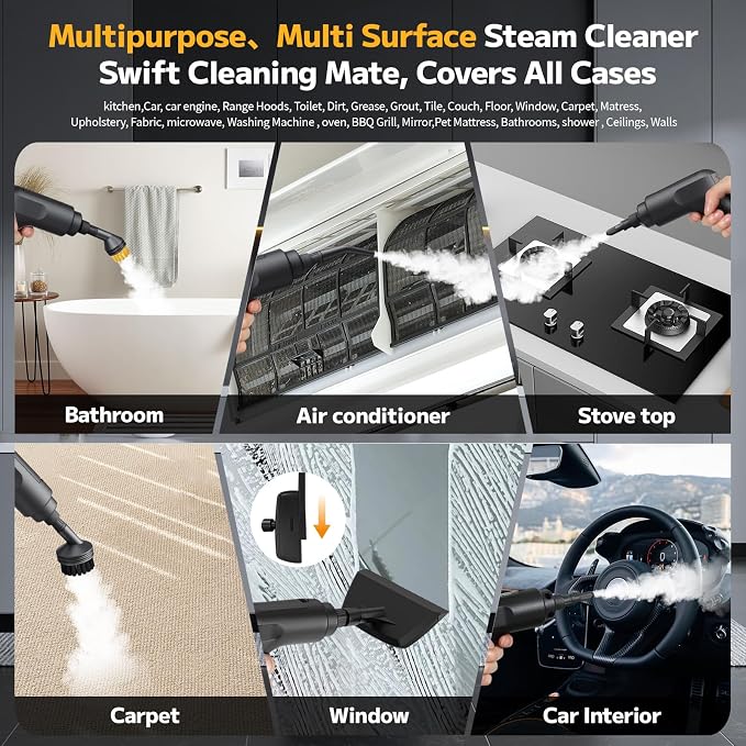 Pressurized Steam Cleaner, 54oz Large Tank, Portable Steamer for Cleaning with 15-Piece Kit, 15s Fast Heat-Up, 3-Level Control, Handheld Steam Cleaner for Home, Car, Kitchen (Classic Black)