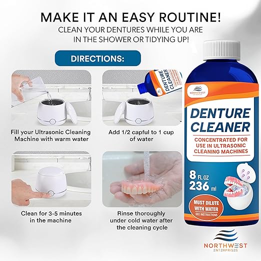 Ultrasonic Denture Cleaner - Denture Cleaner for All Types of Dentures - Denture Cleaning Solution Removes Stains, Plaque, Grime, and Build-up (8 Ounces)