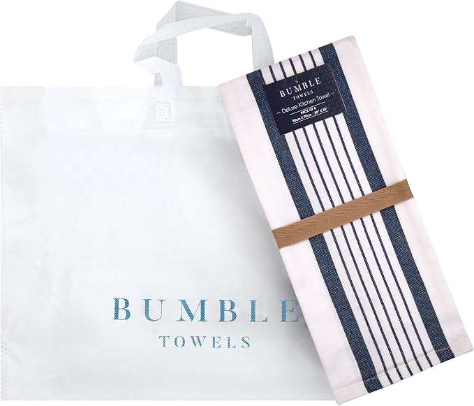 Premium Kitchen Towels (20”x 28”, 6 Pack) | Large Cotton Dish Towels | Flat & Terry Highly Absorbent Kitchen Linen Set with Hanging Loop | Navy Blue Striped
