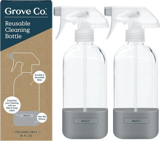 Grove Co. Glass Spray Bottles for Cleaning Solutions, 2-Pack Bundle, Unique Silicon Sleeve Slide & Snap Custom Label, Refillable Spray Bottle, Made from Recycled Glass, 2 x 16oz
