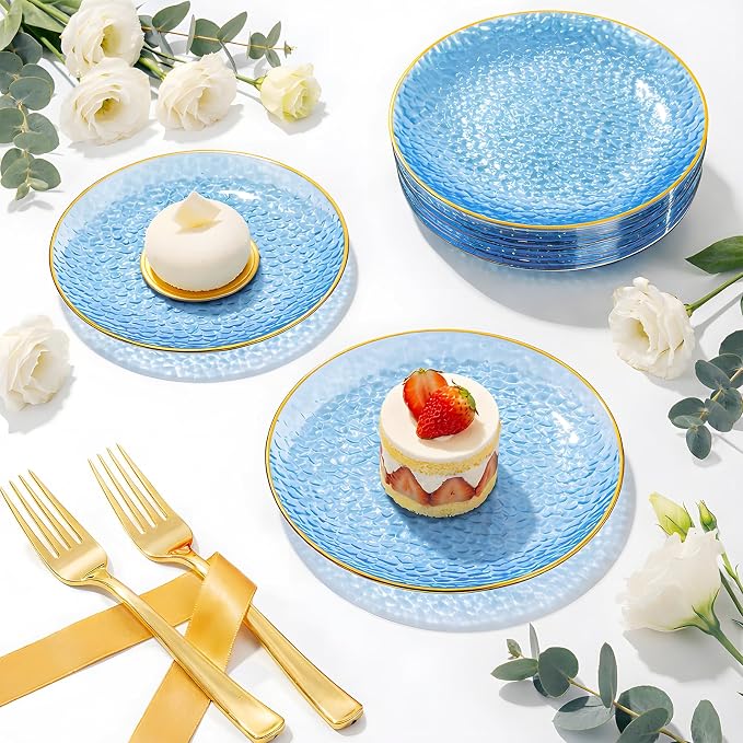 DaYammi 240Pcs Blue Dessert Plates Set Including 120Pcs Blue Cake Plates and 120Pcs Gold Forks,Hammered Party Plate,Gold Rim Appetizer plates Heavy duty Disposable Plastic Plate for Wedding Birthday