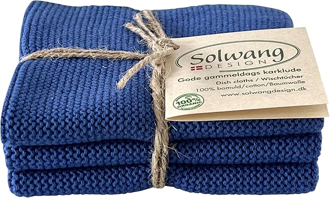 Solwang 3-Piece Danish Cotton Dishcloths in 100% Certified Organic Cotton Made in India (Cobalt Organic Trio)