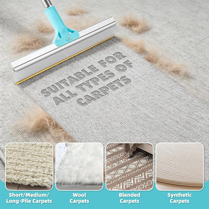 Carpet Rake for Pet Hair Removal Tool, 6 in 1 Pet Hair Remover Broom Kit, Cat Dog Carpet Rake with 53'' Adjustable Handle for Rugs, Mats, Couch