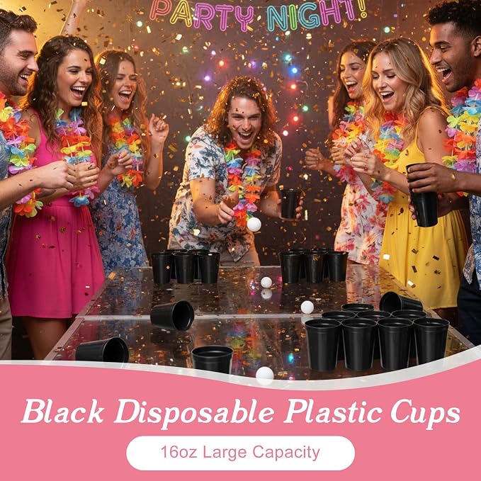48 Pcs Plastic Cups for Party 16 oz Plastic Stadium Cups Bulk Blank Reusable Drink Tumblers Large Drinking Cup for Wine Coffee Beer Water Picnics Party Supplies (Black)