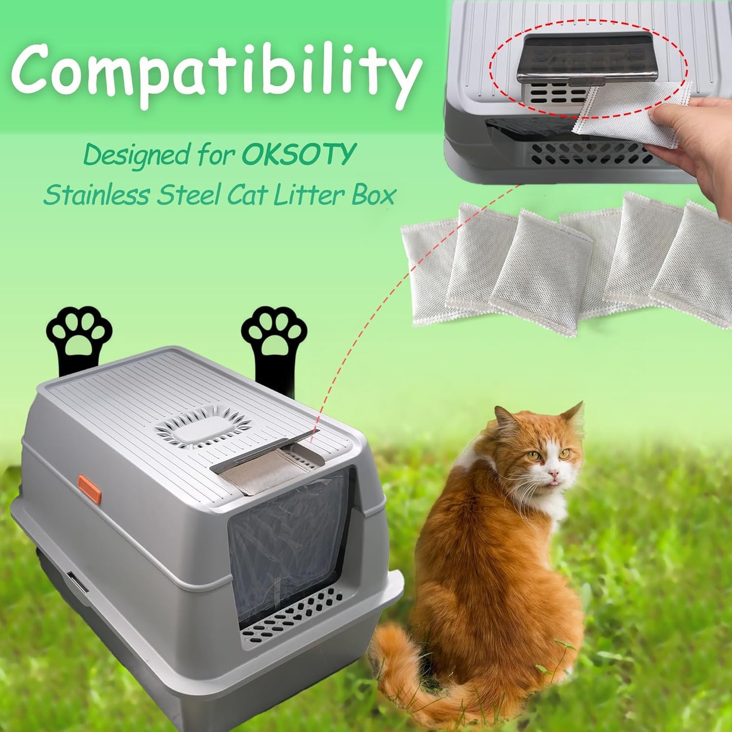 Activated Charcoal Odor Absorber Bags Compatible with OKSOTY Stainless Steel Cat Litter Box, Natural Coconut shell Charcoal Bags, Absorb Odors/Control Damp from Pets/Keep Home Fresh（6PCS）