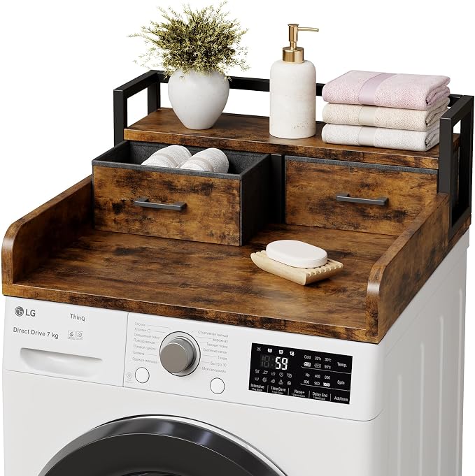 2-Tier Washer Dryer Countertop, Washing Machine Countertwith Shelf and 2 Drawers, Washer and Dryer Topper with High Guardrails, Smooth Edges, for Laundry Hamper Counter Storage Organization