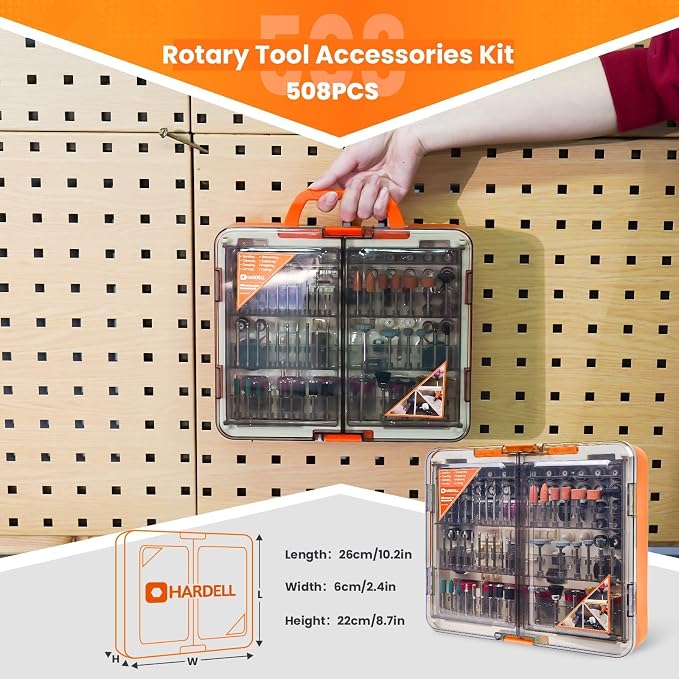 HARDELL 508PCS Rotary Tool Accessories Kit for Sanding Cutting Polishing | 508PCS Accessories 1/8" Shank Multi-Size Collets Sanding Cutting Polishing Organized Case