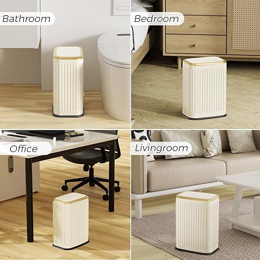 Bathroom Trash Can with Lid 8L/2.1 Gallon Beige Trash Can Small Garbage Can with Swing Top Lid Slim Stainless Steel Garbage Can with 100 Counts Trash Bags for Bathroom Bedroom Kitchen Office Toilet