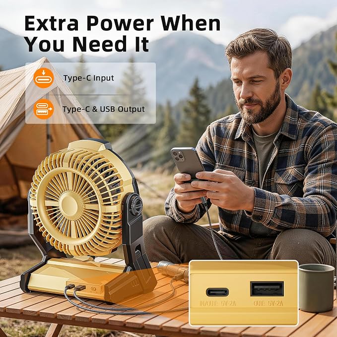 Antarctic Star Portable Camping Fan for Tent, 10000mAh Battery Operated Fan with Night Light, Stepless Speed USB Desk Fan, Quiet Personal Portable Fan with 8H Timer, Hanging Hook for Outdoor, Yellow