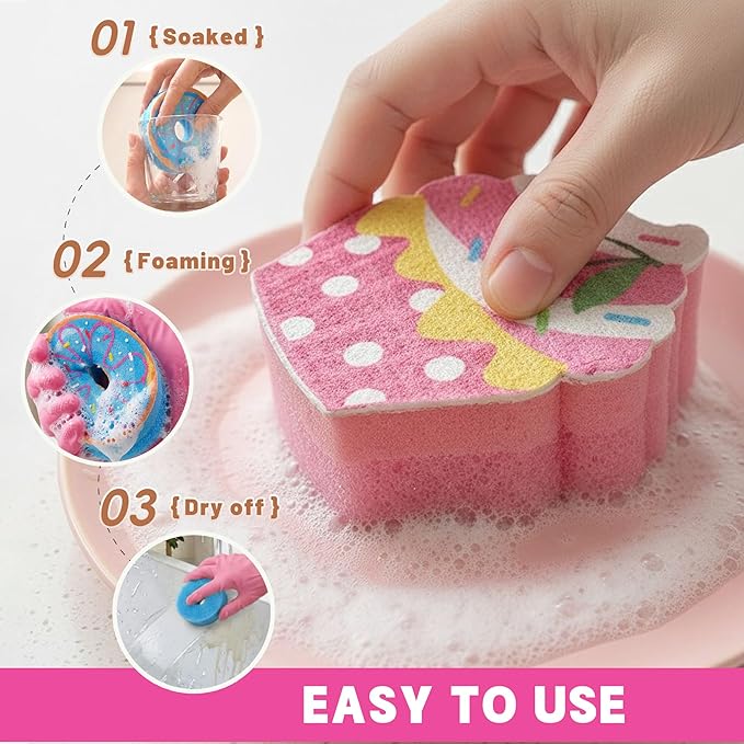 Bulimumu 3-Layer Food Shape Dish Sponge (6 Pack) - Swedish Dishcloth Top + Soft Sponge Middle + Smart Temperature-Sensing Scrubber - Dual-Action Non-Scratch Kitchen Cleaning