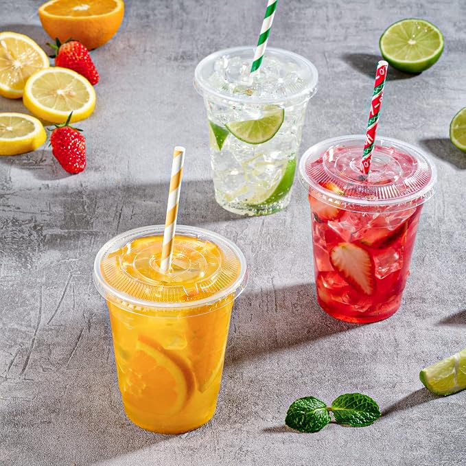 FOCUSLINE 200 PACK 12oz Clear Plastic Cups, Disposable Cold Drinking Cups, 12 Ounce Clear Cups with Flat Lids with Holes for Smoothie, Milkshake, Bubble Tea, Parfait
