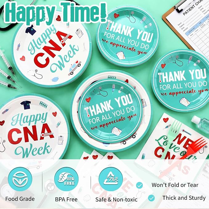 Remerry 96 Pcs Happy Cna Week Party Supplies Nurse Appreciation Plates and Napkins Set Decoration We Love Our Cnas Disposable Plates Thank You for All You Do Party Decoration