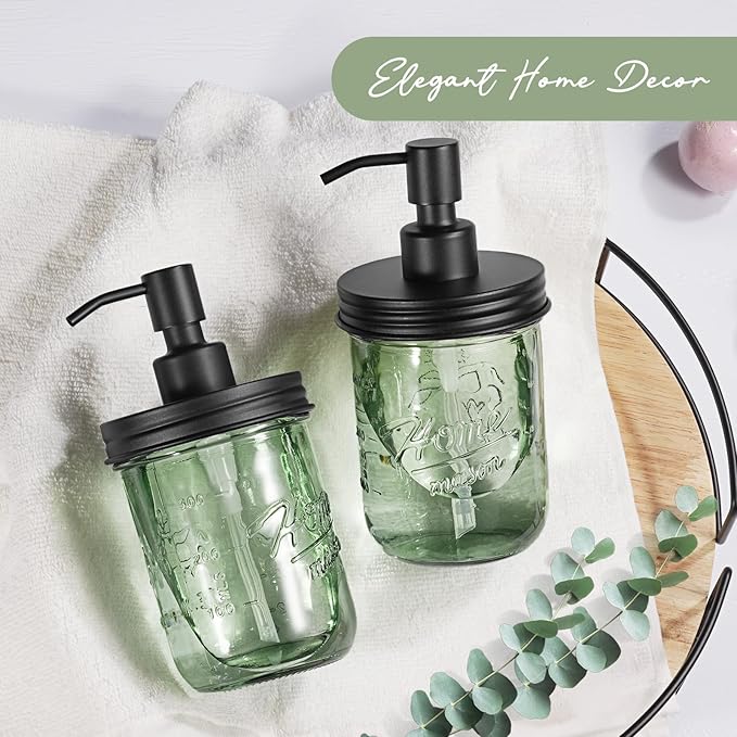 SheeChung 6Pcs Clear Bathroom Accessories Set, Toothbrush Qtip Holder & 2 Pack Green Glass Soap Dispenser, Kitchen Dish Soap Dispenser, Refillable, Black Bathroom Decor