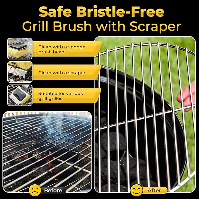 Grill Brush for Outdoor Grill Bristle Free, BBQ Grill Brush with Scraper & 2 Replaceable Heads, Safe Grill Steam Cleaner 17'' Long Handle Grilling Accessories for Cast Iron & Stainless Steel Grates