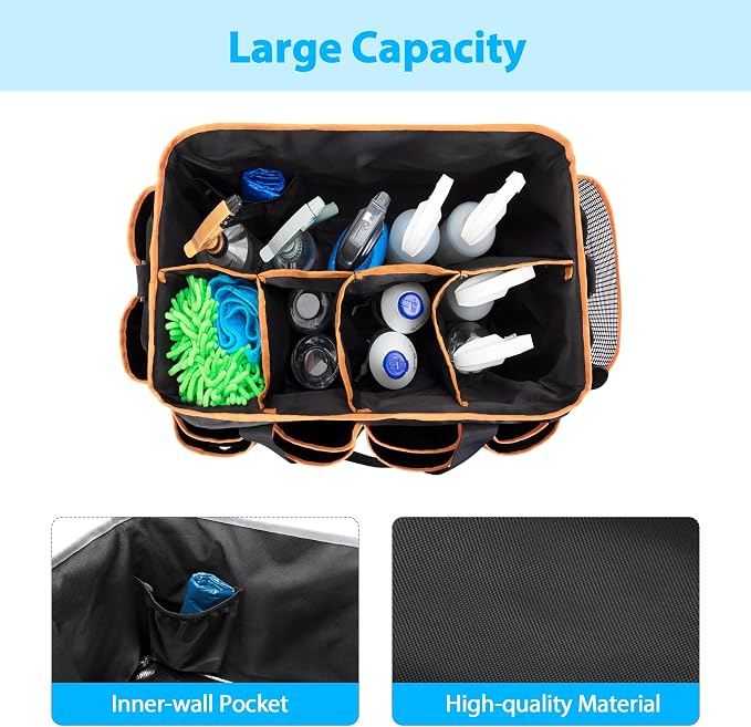 HODRANT Extra-large Wearable Cleaning Caddy & Large Cleaning Apron, Cleaning Organizer Bag with Pad, Handle & House Cleaning Apron with Dual Shoulder Straps For Cleaning Tools Storage, Orange Edge
