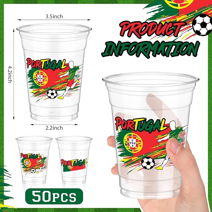 Jingmore 50 Pcs Soccer Plastic Cups 12 oz International Countries Soccer Disposable Plastic Cups Thick Clear Drinkware for Sports Games Party Supplies (Portugal)
