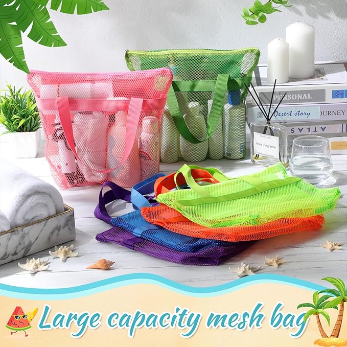 6 Pcs Mesh Shower Caddy Bags Portable Mesh Beach Bags Bulk with Zipper & 2 Pockets Hanging Toiletry and Bath Organizer for Gym Swimming Travel Camping College Dorms Beach (Fluorescent Color)