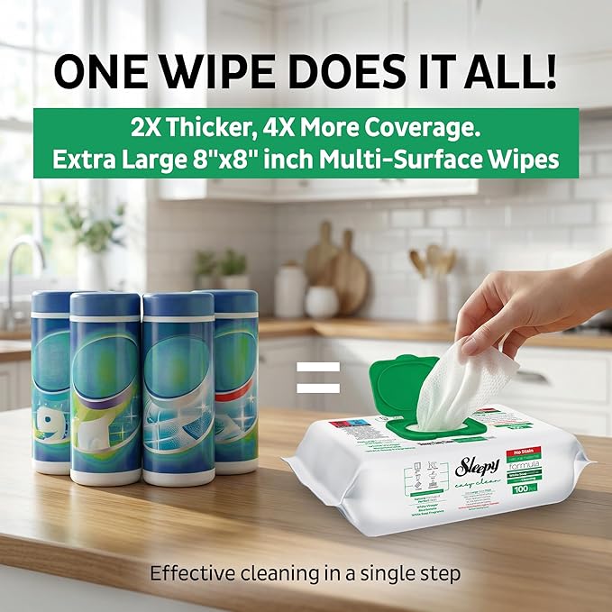 Sleepy Easy Clean XL Multi Surface Cleaning Wipes (100 Count) – Natural Vinegar & Baking Soda Formula – Jumbo 8"x8" All Purpose Wet Wipes for Kitchen, Bathroom, Glass & Electronics – No Streak