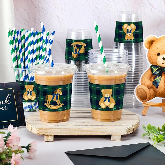 AnyDesign 50Pcs 12Oz Green Blue Tartan Plaid Plastic Cups with Lids and Straws Vintage Preppy Bear Rocking Horse Disposable Cold Drink Cup for We Can Bearly Wait Baby Shower Party Birthday Supplies