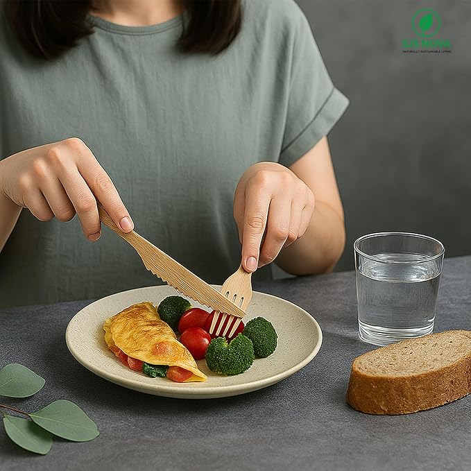 Premium Pre-Rolled Napkin and Bamboo Cutlery Set (60 Pack, 240 PCS) 100% Biodegradable, Eco-Friendly, Disposable Wrapped Cutlery-Includes Pre-Wrapped Bamboo Forks, Knives, Spoons, & Napkins