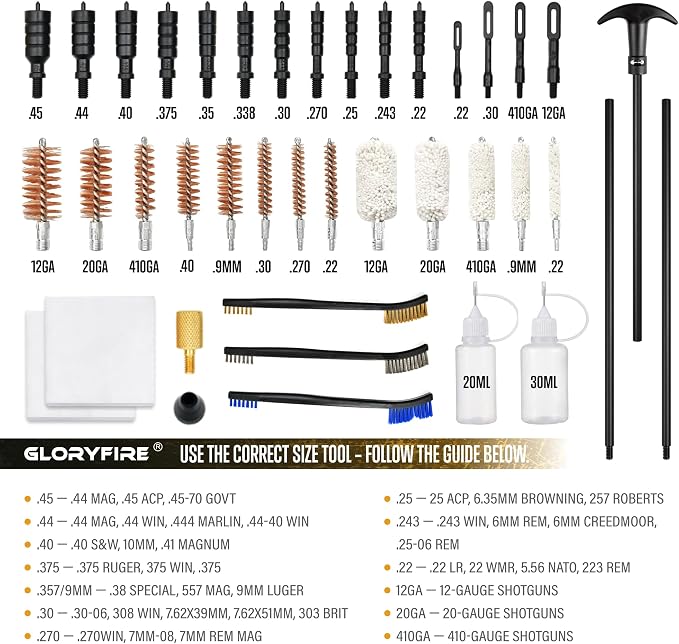 GLORYFIRE Gun Cleaning Kit Universal for Guns, Gun Brushes for Pistol, Handgun, Shotgun, Elite Brass Rods and Wire Rope, Hunting Gear Gun Accessories for Men